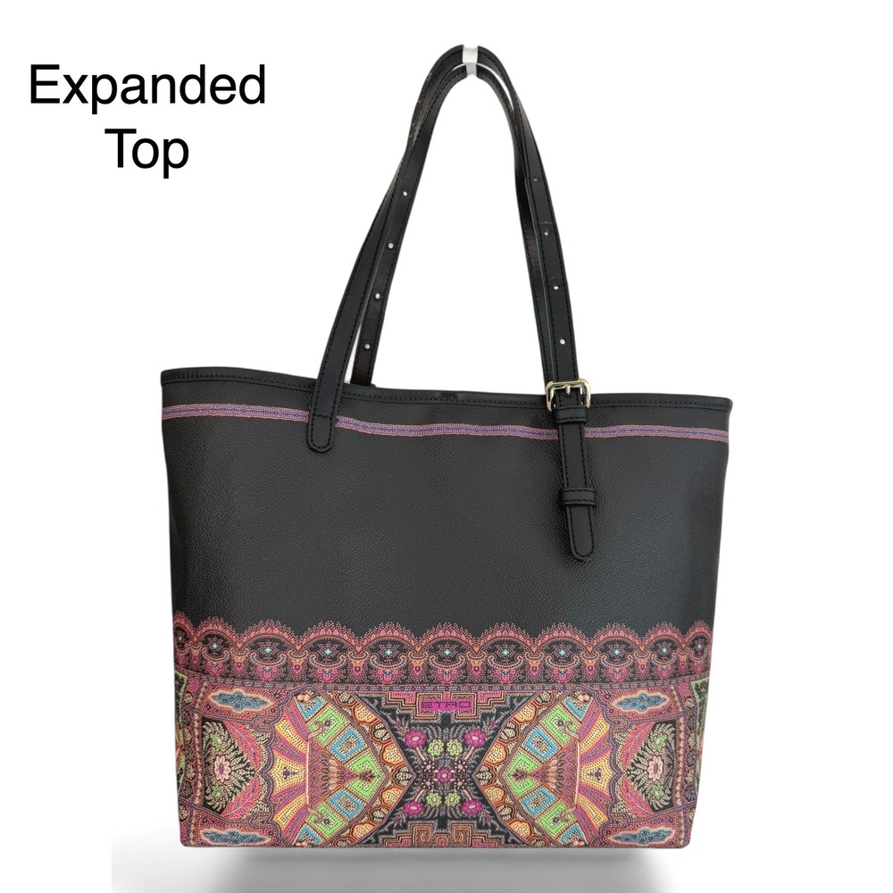 Etro Milano Paisley Print Coated Canvas Tote Bag Black + Wristlet Leather Trim - Picture 3 of 16